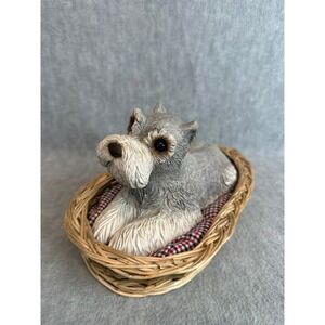 Sandicast Schnauzer Dog 9" Figurine Gray Excellent Vintage Wicker Basket 1981